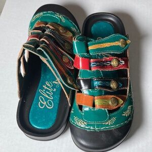 Elite by Corkys  Heidi Hand-painted Black Leather Mules US8 Wearable art